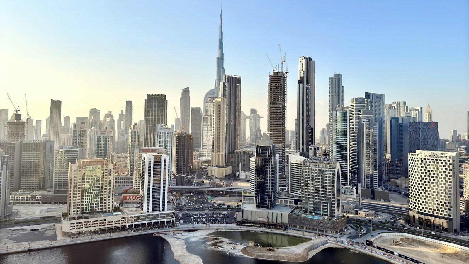 Dubai skyline at golden hour over Business Bay